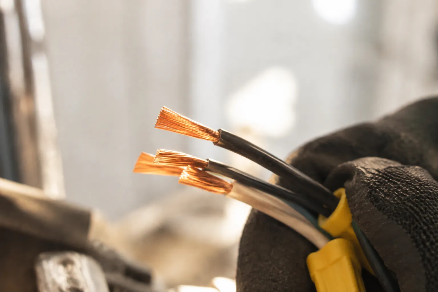 Stripped copper conductors in a gloved hand, glowing warm amber against a bright work site
