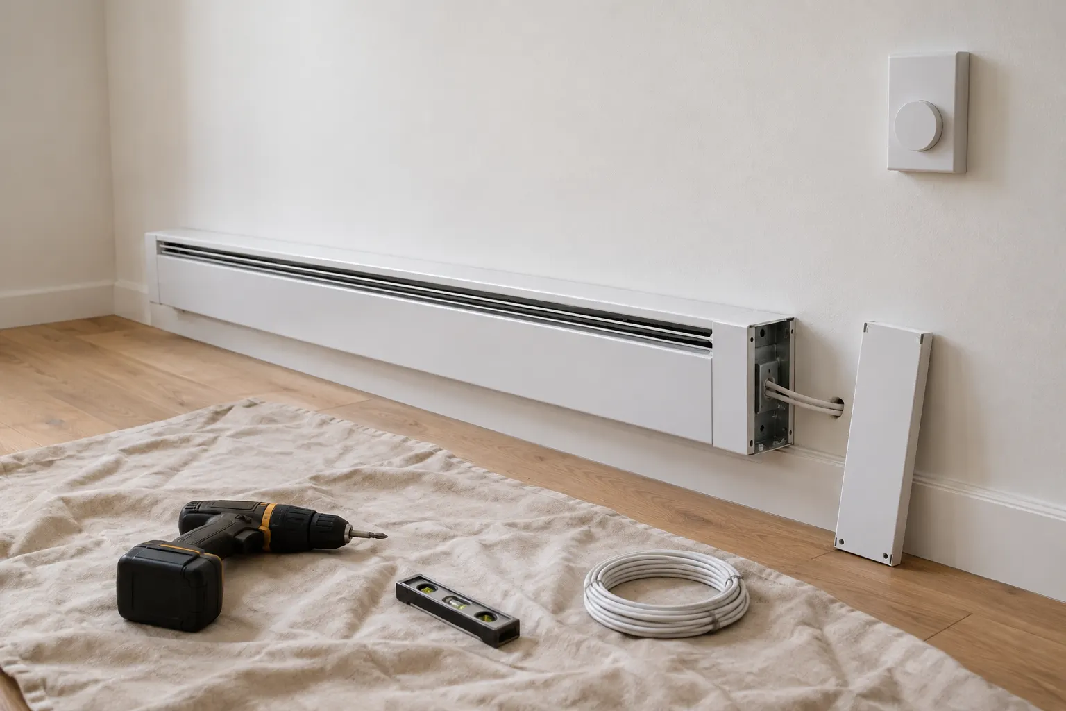 An electric baseboard heater being mounted low on a wall beside a wall thermostat, its end cover off and the cable run into it, tools on a drop sheet below