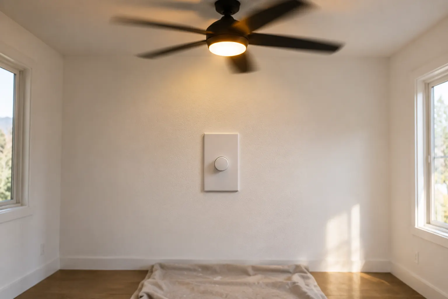 A ceiling fan turning with its light on above a plain white fan-speed control on a bedroom wall, a dust sheet still folded on the floor below
