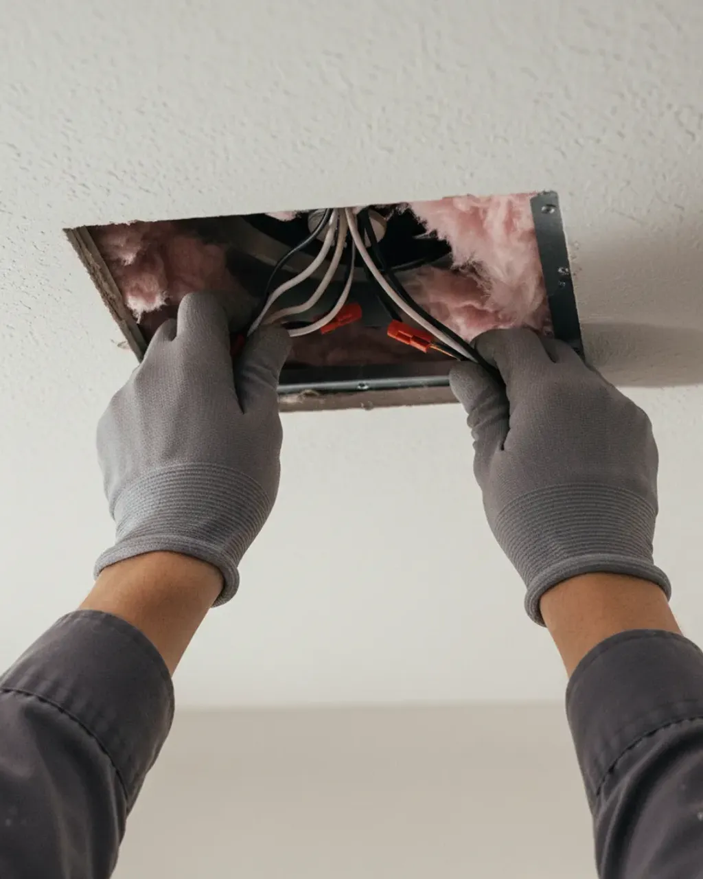 Gloved hands joining wires with twist connectors in a ceiling opening, the wiring stage of a bathroom exhaust fan installation