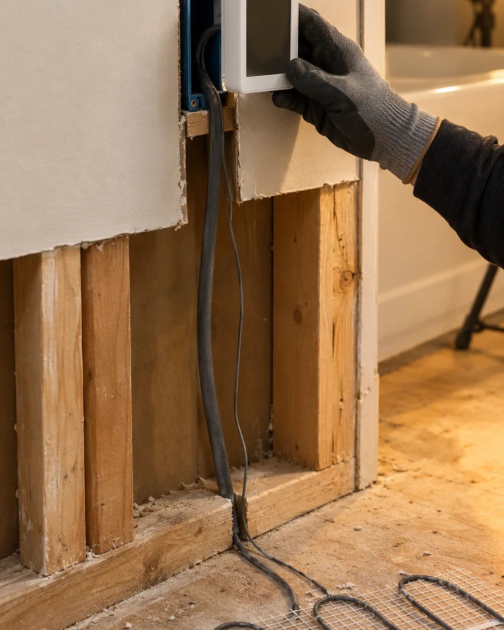 An open bathroom wall during a renovation: a floor-heating thermostat held at its wall box while the heating cable's power lead and sensor wire run down the stud bay to a heating mat on the subfloor