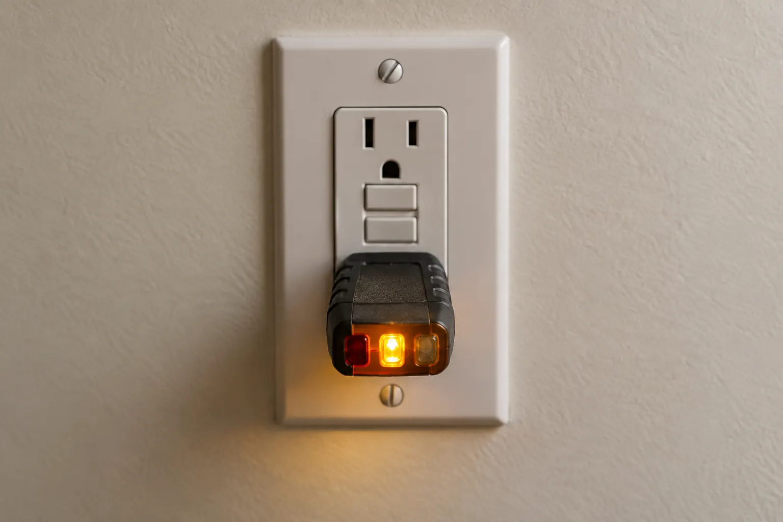 A plug-in outlet tester with its indicator lights on, checking a GFCI receptacle with TEST and RESET buttons