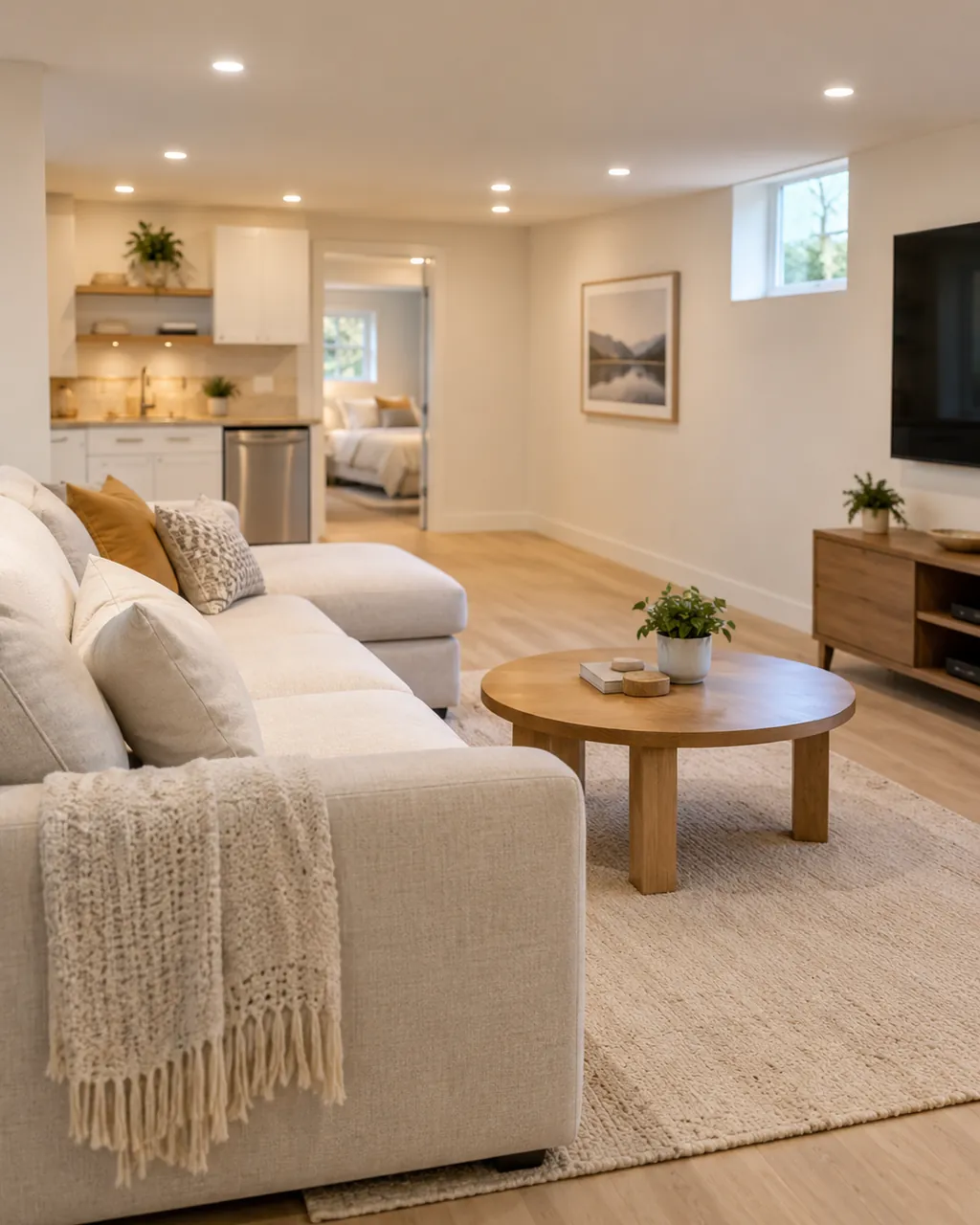 Evenly spaced slim recessed pot lights in the lower ceiling of a finished basement suite, showing pot light spacing set for a low ceiling