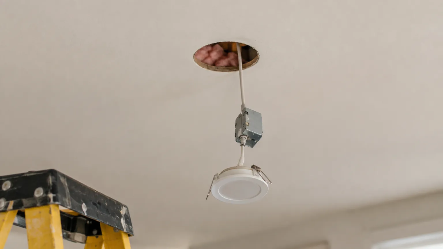 A recessed pot light hanging on its wire below a fresh ceiling cut-out in a home, ready to be fitted