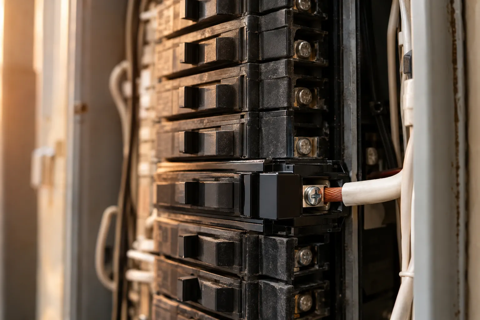 A new breaker being fitted into a residential electrical panel, seated among the older breakers with a freshly stripped wire under its terminal