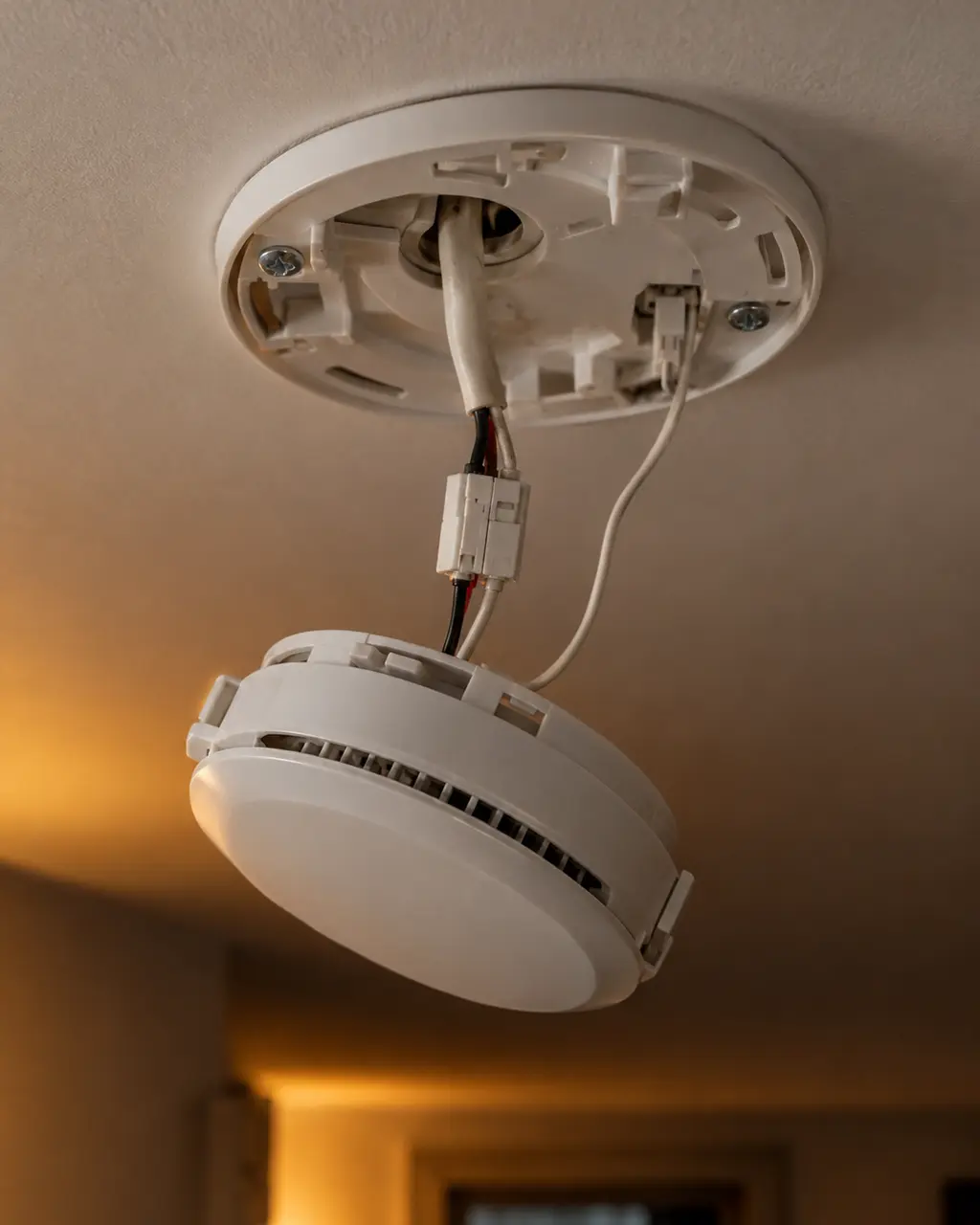 A hardwired ceiling alarm being connected to the supply, the wiring stage of a smoke alarm installation