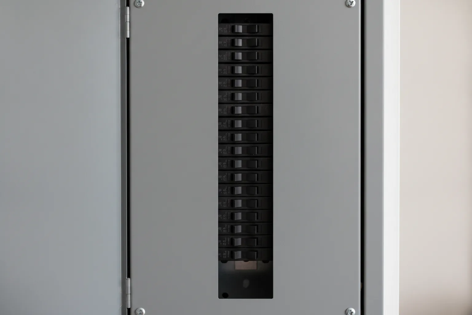 A column of circuit breakers behind the cover of a residential electrical panel