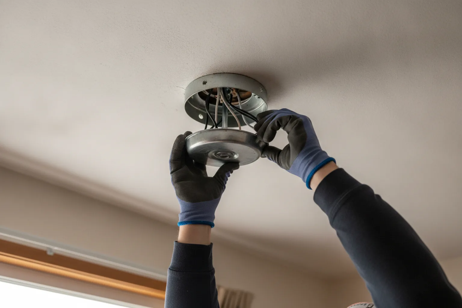 Gloved hands fitting a ceiling fan mounting plate to a round metal ceiling box with the wires drawn through