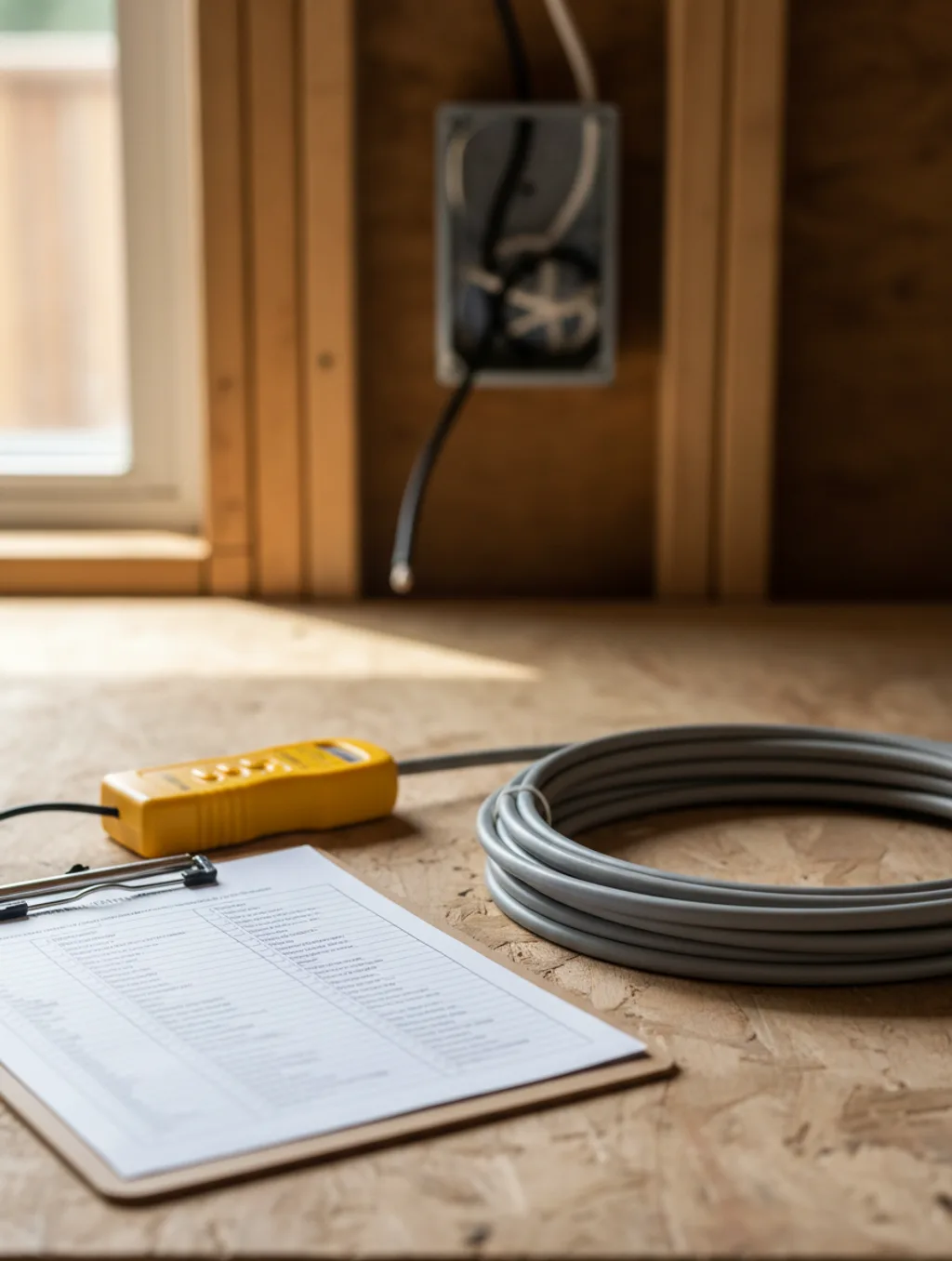 An inspection checklist on a clipboard beside a voltage tester and a coil of new electrical cable next to an open device box