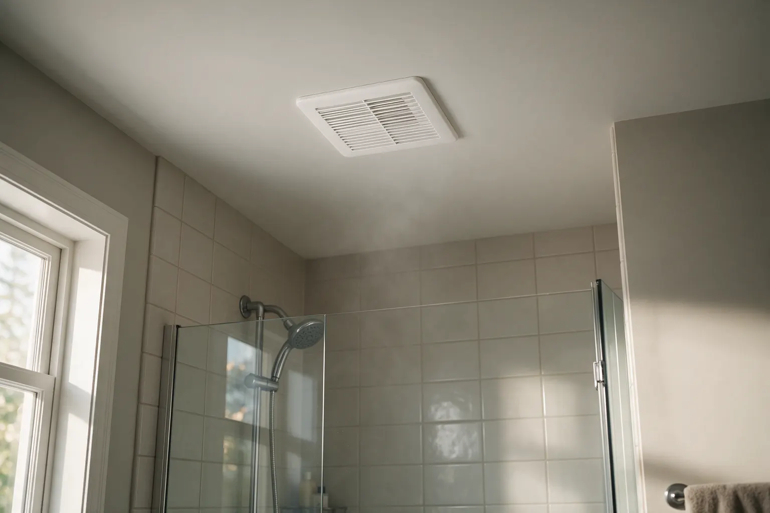 A white bathroom exhaust fan grille in the ceiling above a tiled shower