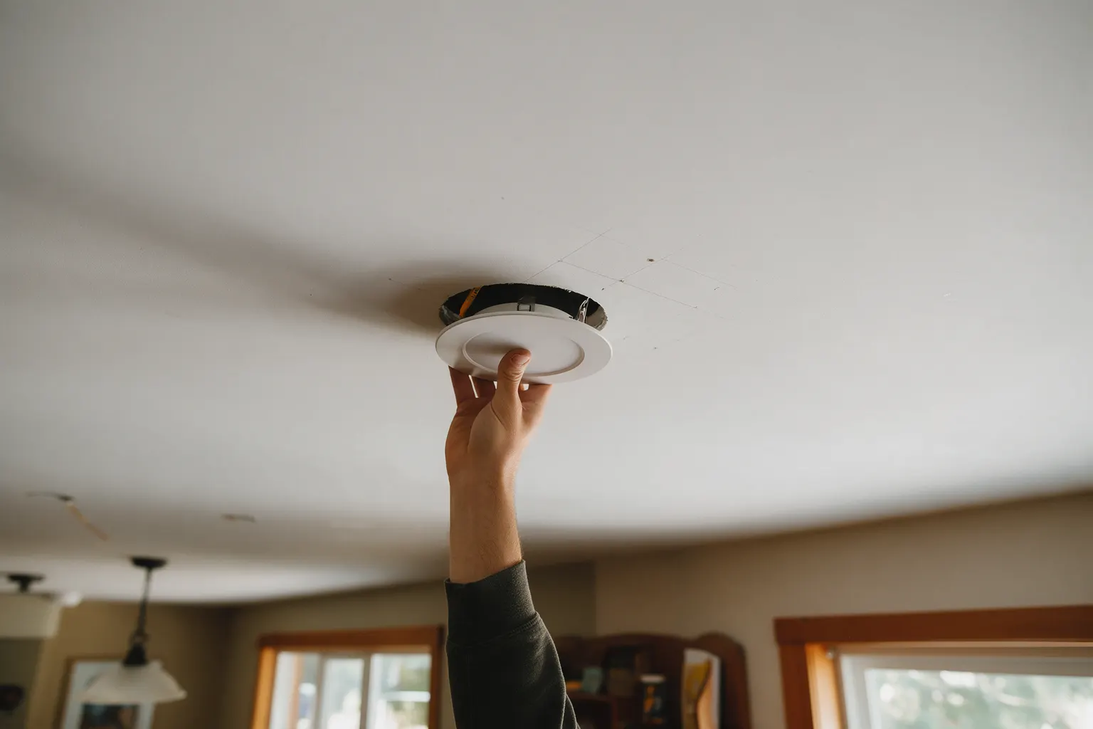 A recessed LED pot light trim going into a freshly cut hole in a drywall ceiling, with spacing marks pencilled nearby