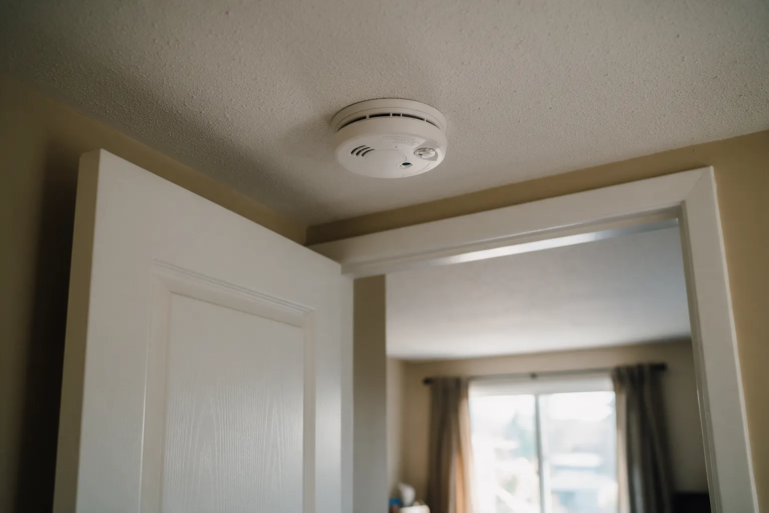 A combination smoke and carbon monoxide alarm mounted on a hallway ceiling near a bedroom door