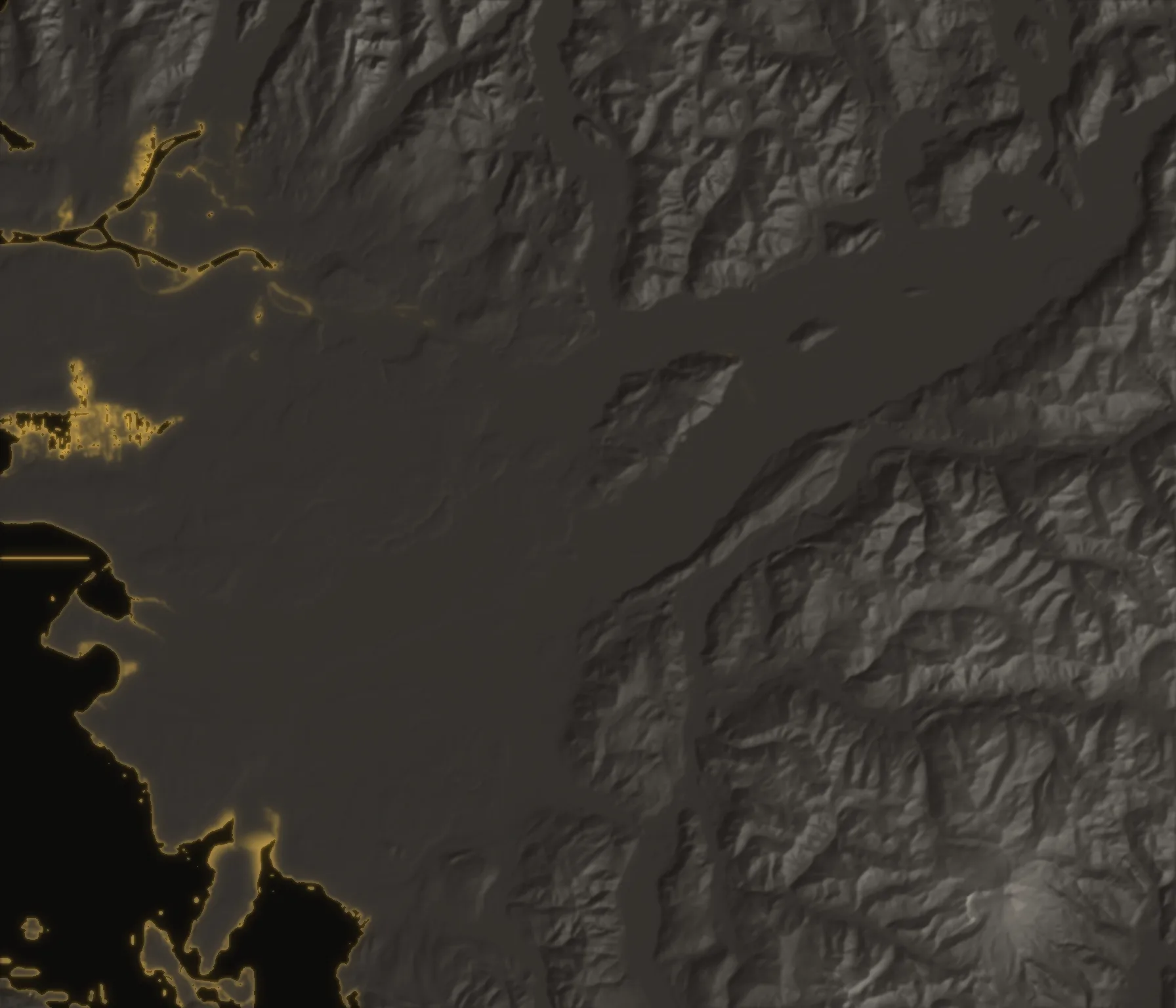 Shaded-relief map of the eastern Fraser Valley centred on Abbotsford, British Columbia, built from public-domain elevation data, marking the Abbotsford neighbourhoods we cover for electrical work.