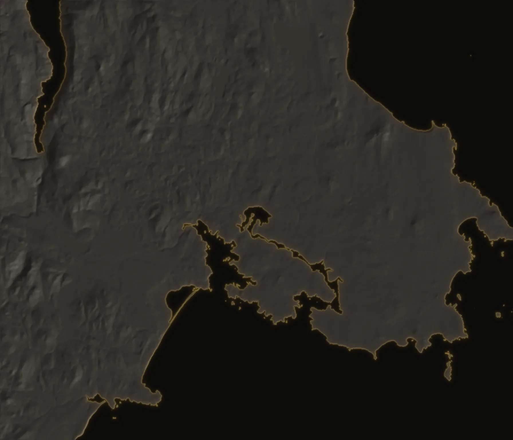 Shaded-relief map of Greater Victoria on southern Vancouver Island, from Langford in the west to Oak Bay in the east, built from public-domain elevation data, marking the municipalities we cover for electrical work.