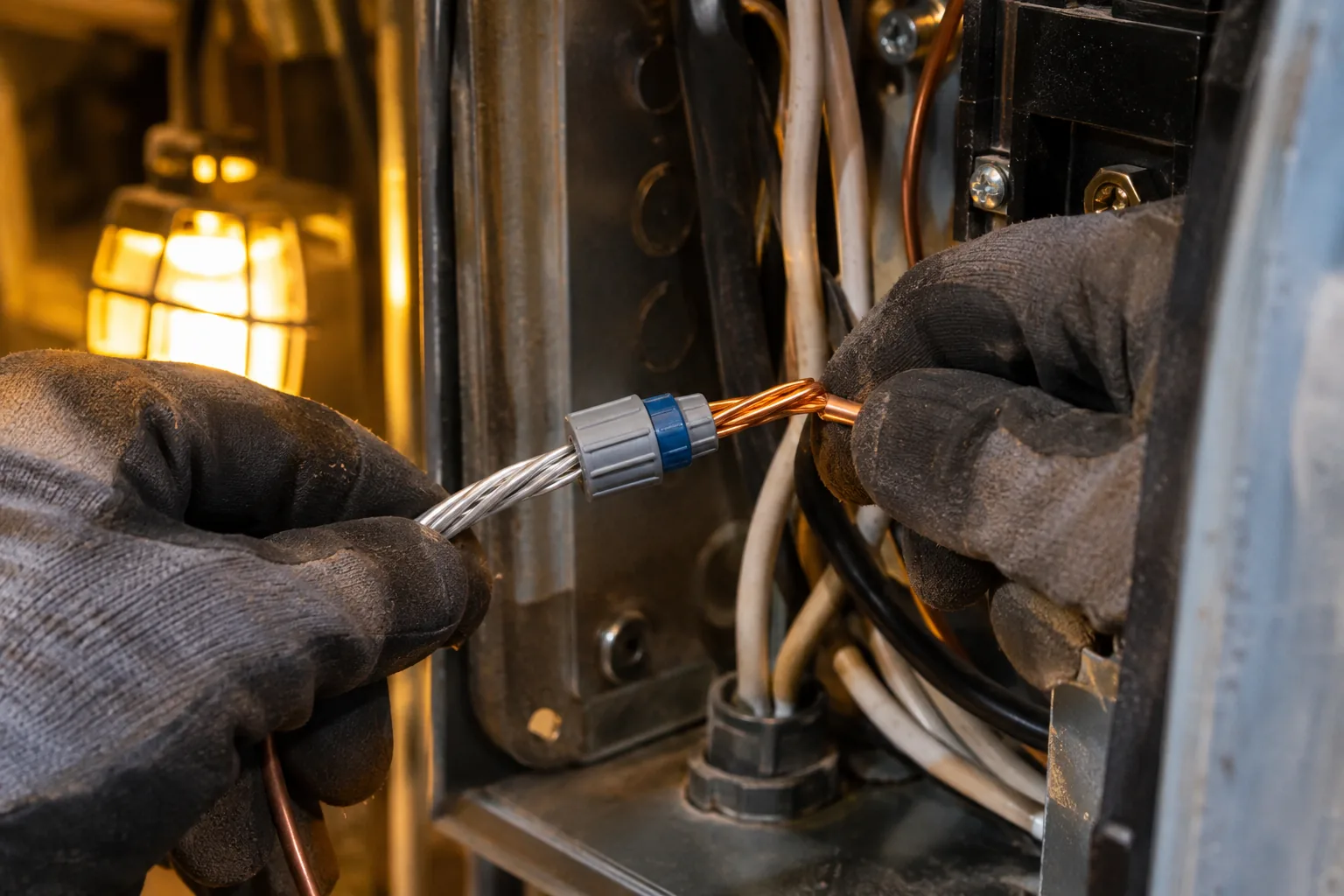 A copper pigtail joined to an aluminum branch wire with a connector inside an open device box, the copper lead ready to land on the outlet