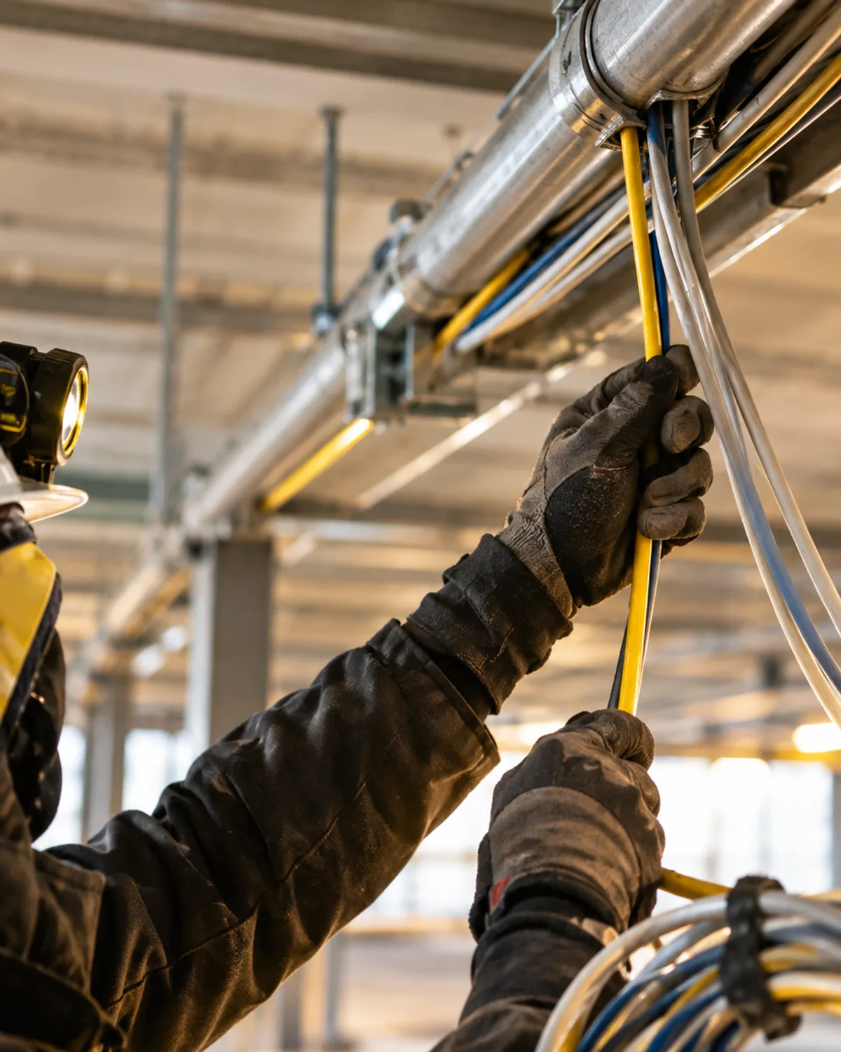 Hands pulling insulated wire through metal conduit along a warehouse ceiling during a commercial electrical job