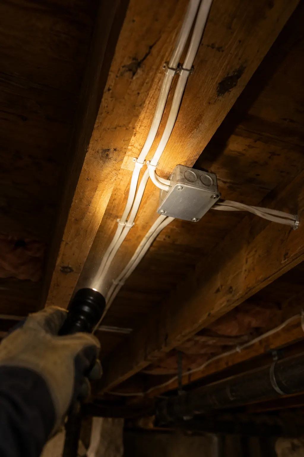 A torch lighting up cable runs and a junction box along the joists of an unfinished basement ceiling during a home electrical inspection