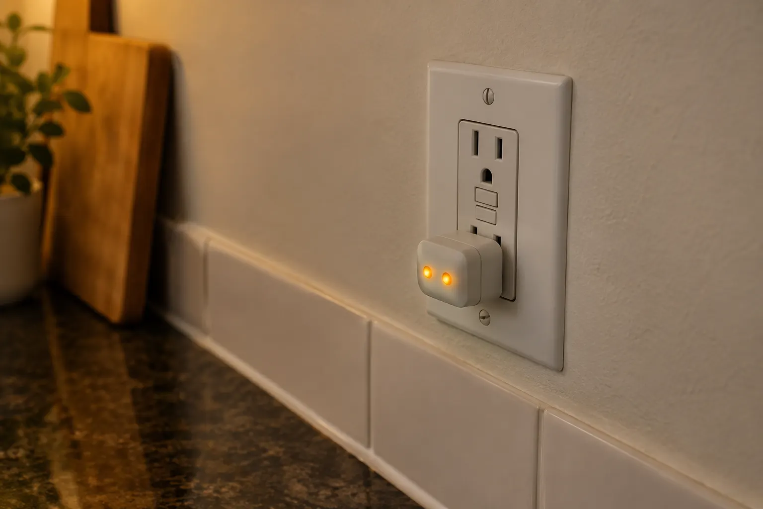A plug-in outlet tester with two lit indicator lights pushed into a GFCI outlet above a kitchen counter