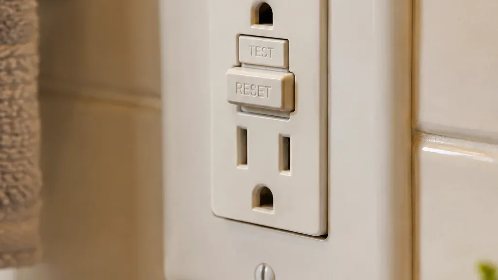 A GFCI outlet on a bathroom wall with its test and reset buttons visible, the first thing to check when an outlet has no power