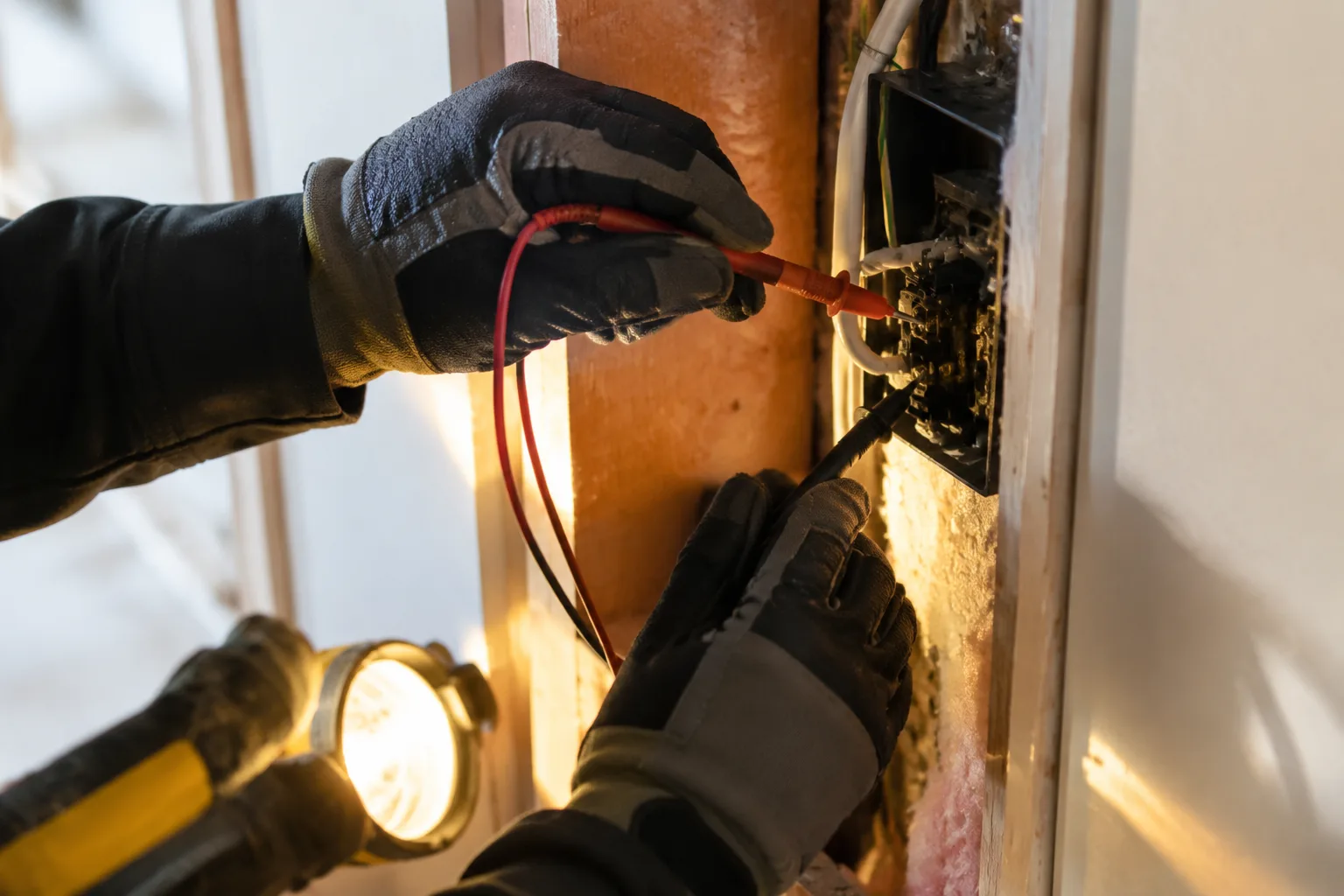 Gloved hands testing a wire terminal inside an opened device box with a work light, the stage of a fault call where the problem is traced