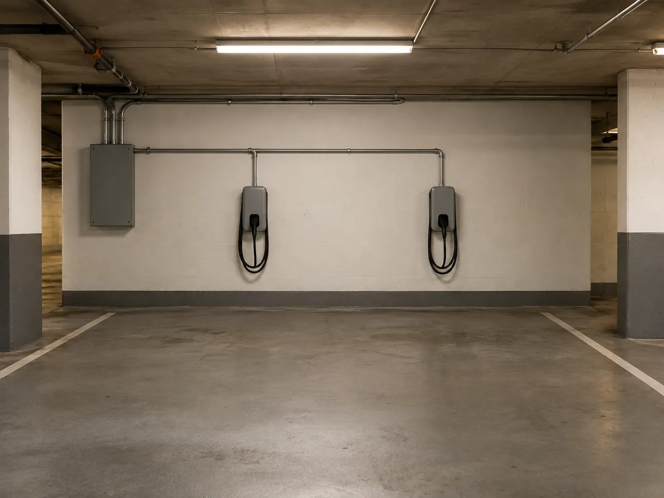 Two wall-mounted EV chargers fed by conduit from a panel in an underground parkade