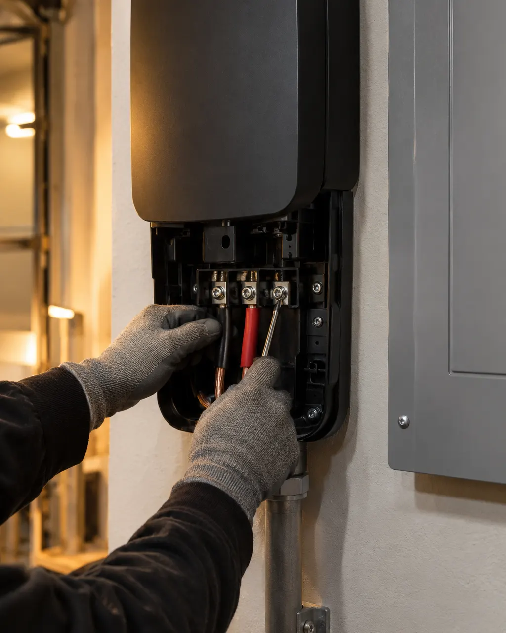 Gloved hands wiring a new circuit into the base of a Level 2 charger on a garage wall, beside a home electrical panel