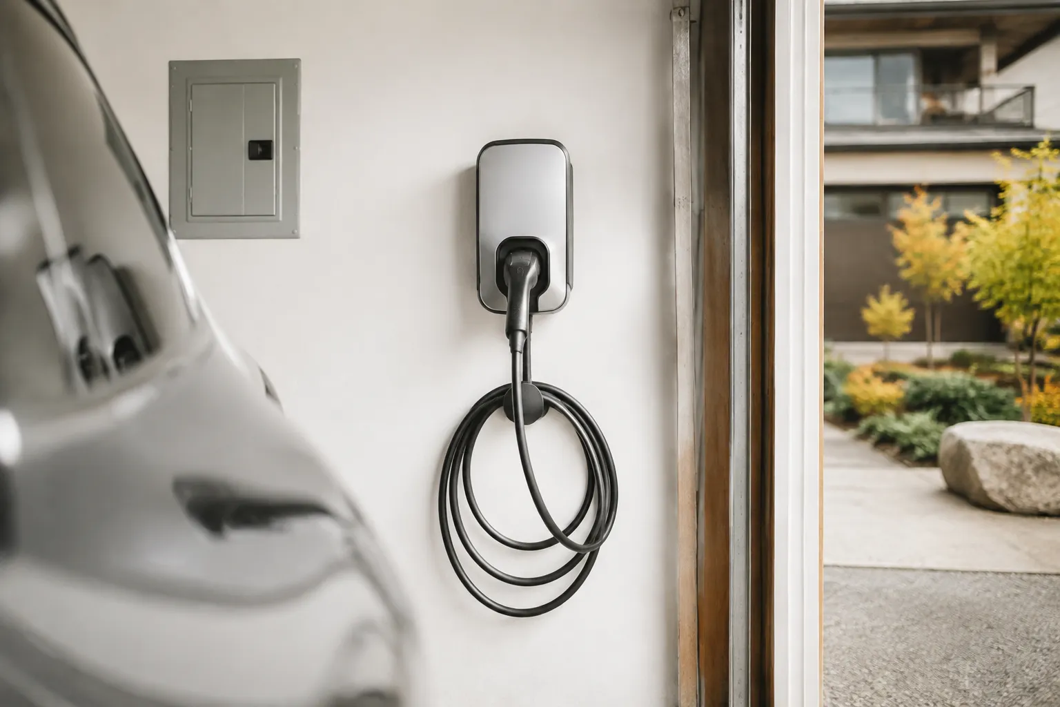 Level 2 EV charger mounted on a garage wall with its cable coiled below