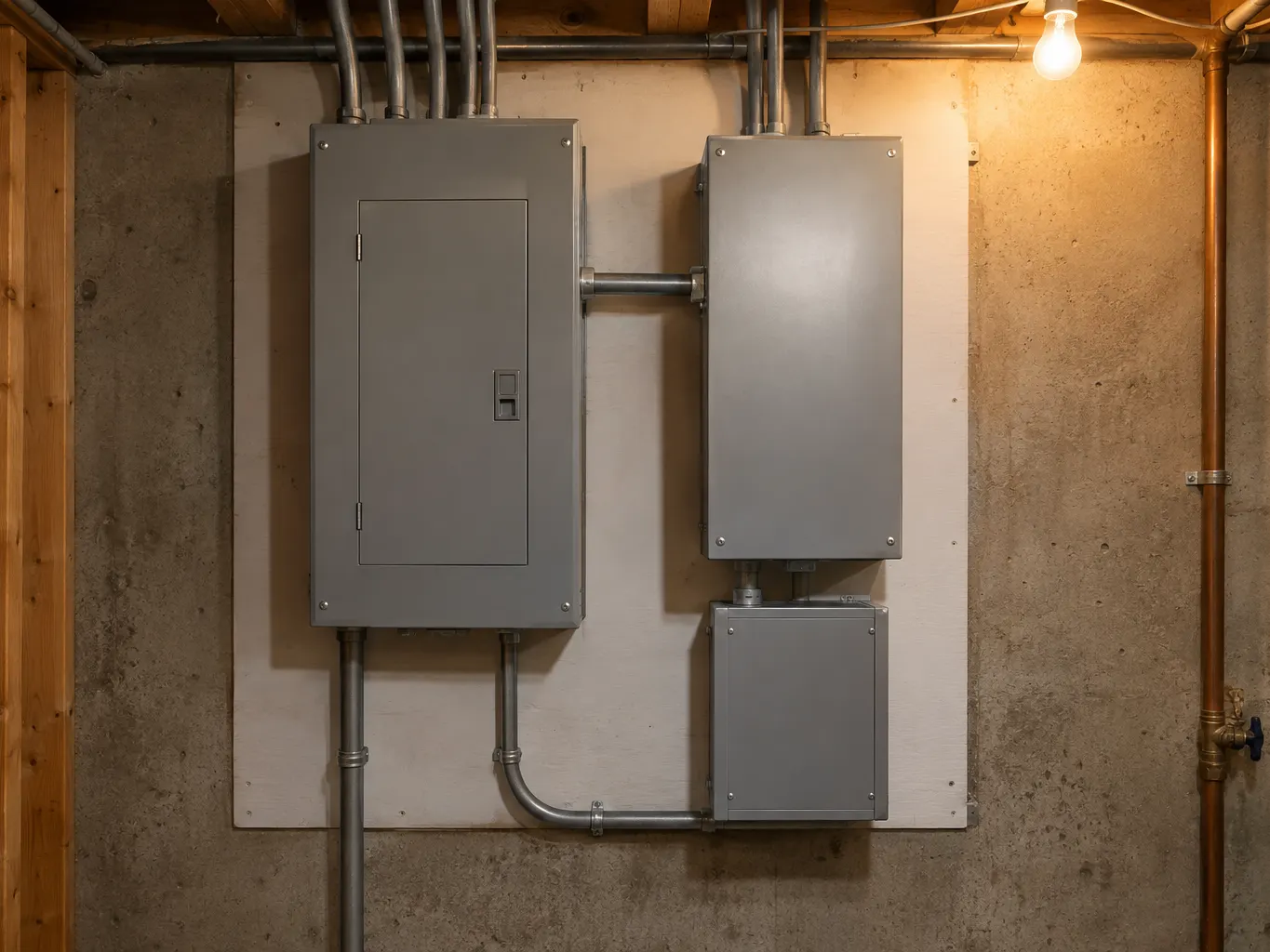 An automatic transfer switch mounted beside a home's main electrical panel in a basement, joined by conduit, with a small generator panel below it