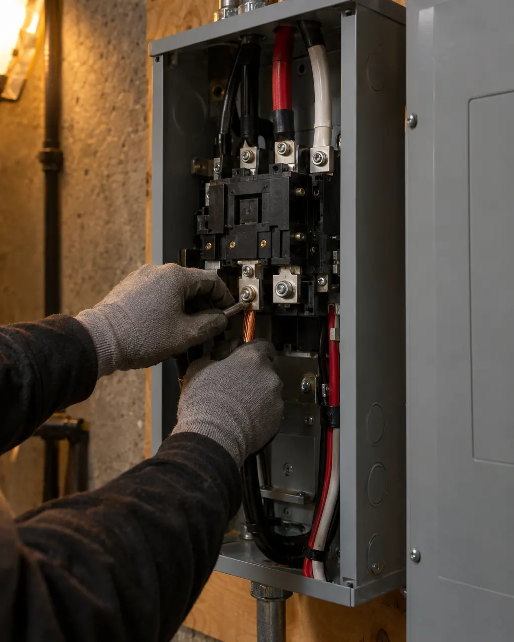 An electrician wiring a transfer switch beside a home electrical panel for a standby generator