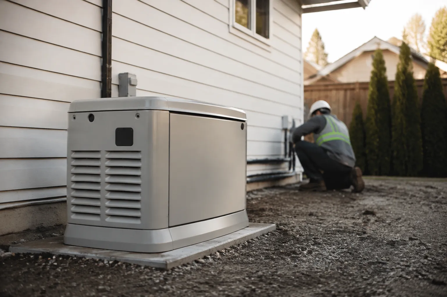 Standby home generator installed on a concrete pad beside a house wall