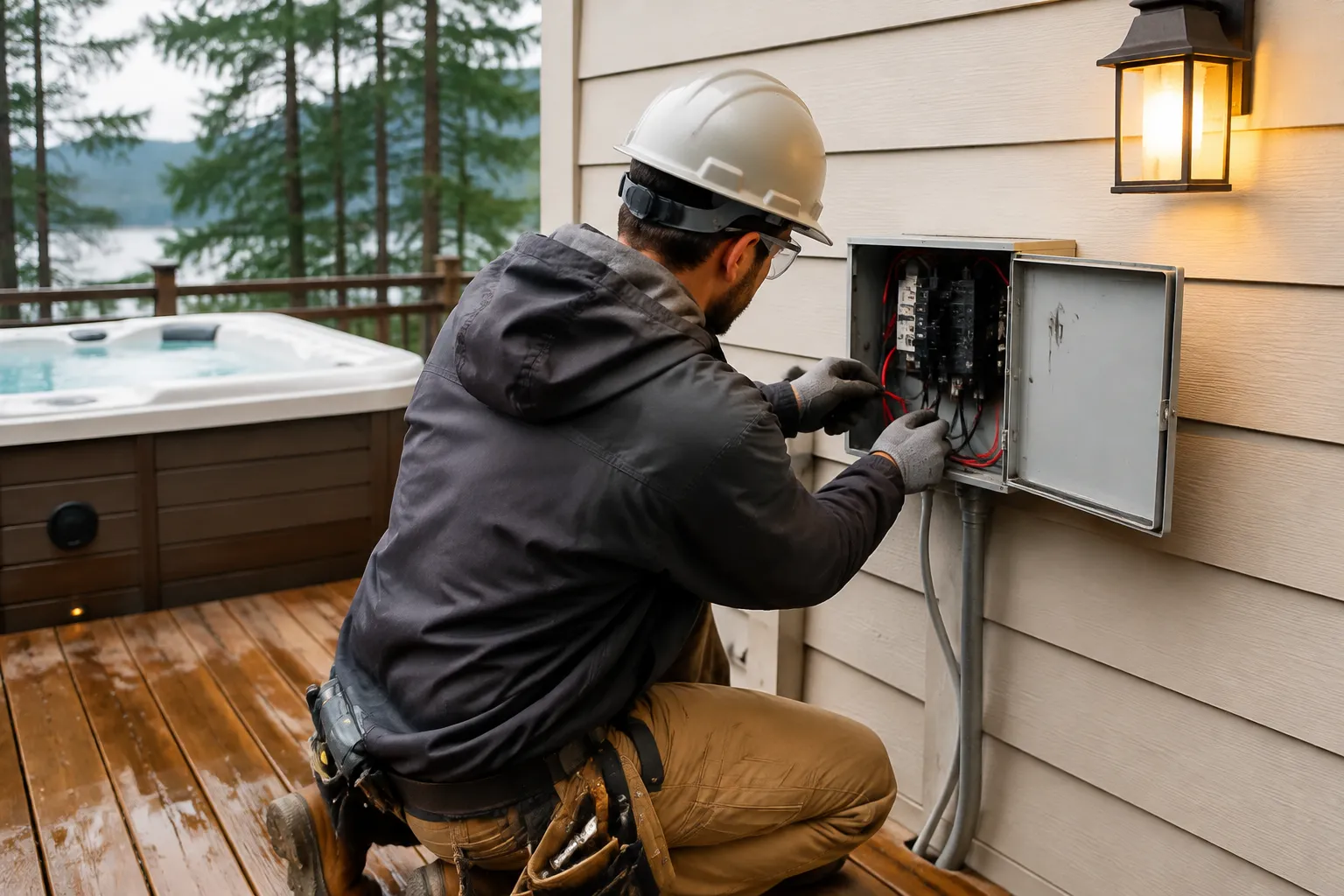 Outdoor electrical disconnect box mounted on a cedar deck beside a hot tub