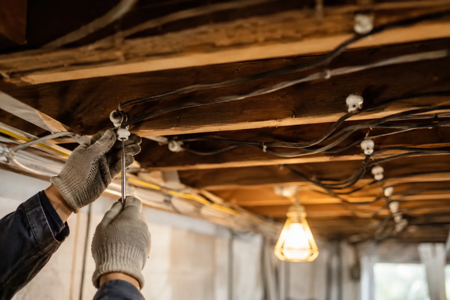 Original knob and tube wiring on ceramic insulators in the joist bay of an older British Columbia home