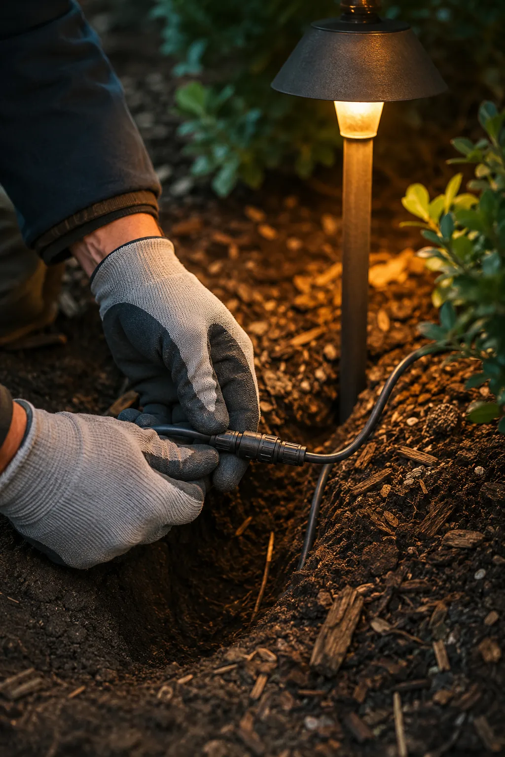 Gloved hands making up a sealed waterproof connector on low-voltage cable in a shallow hand-dug trench, a path light standing behind in the bark mulch