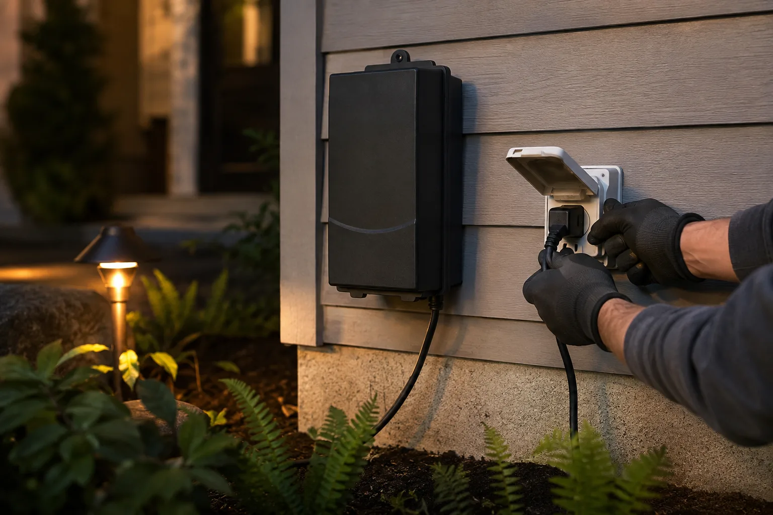 A low-voltage landscape lighting transformer mounted on a house wall beside an open weatherproof outdoor receptacle, its cable running down into a garden bed
