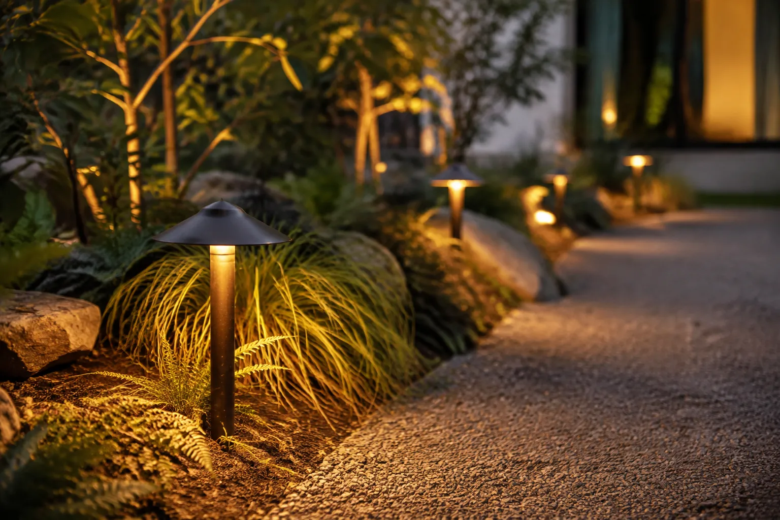 Low-voltage landscape path lights glowing at dusk along a garden bed