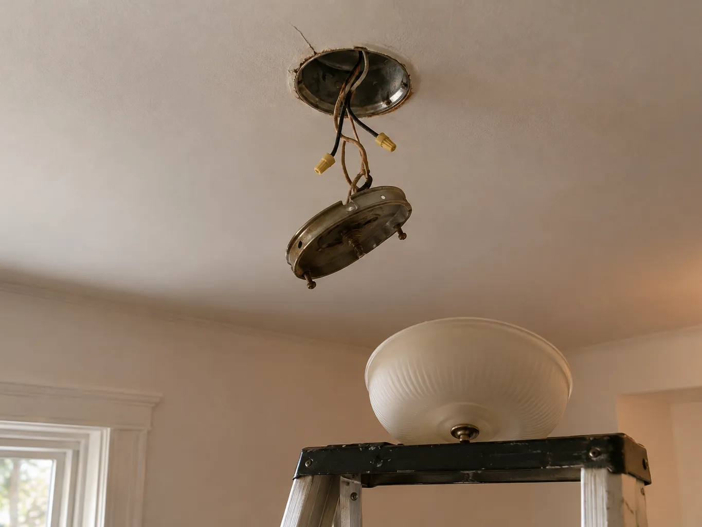 An old ceiling light taken down, showing the metal box and the stiff, faded old wiring behind it, with its frosted glass shade set on a stepladder