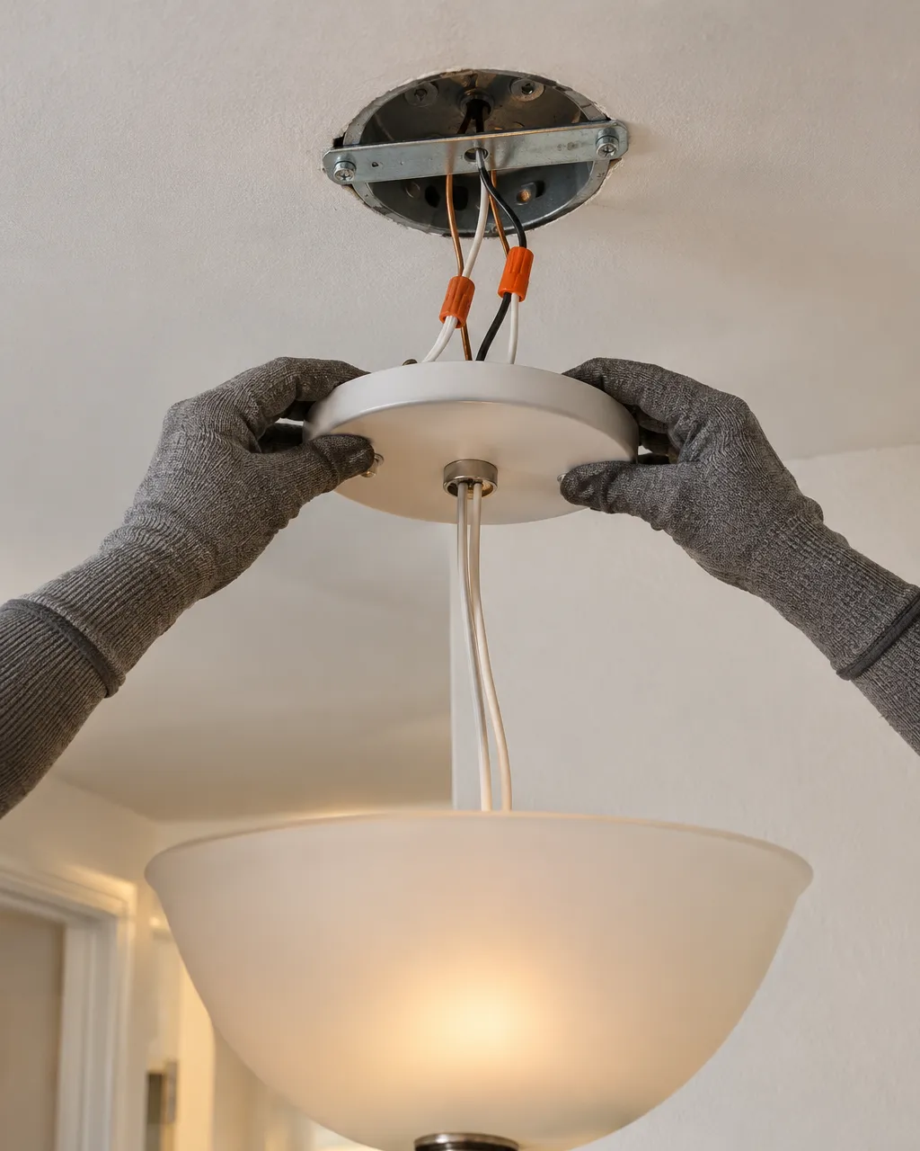 An electrician's gloved hands connecting a new ceiling light to its box, the wires joined with twist-on connectors and the glass shade resting on a stepladder below