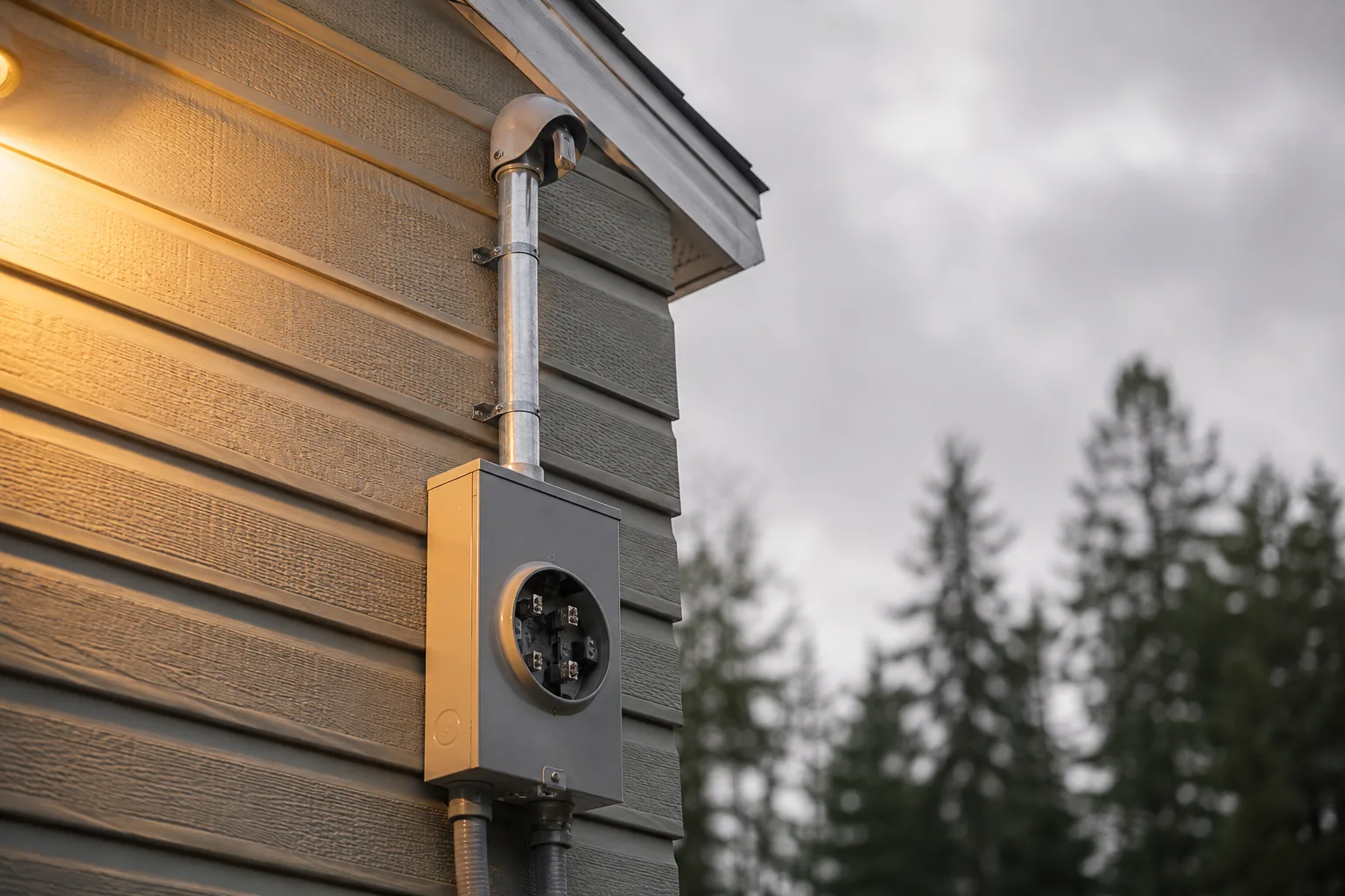 A new 200 amp meter base and service mast on the exterior wall of a British Columbia house, ready for the BC Hydro reconnection
