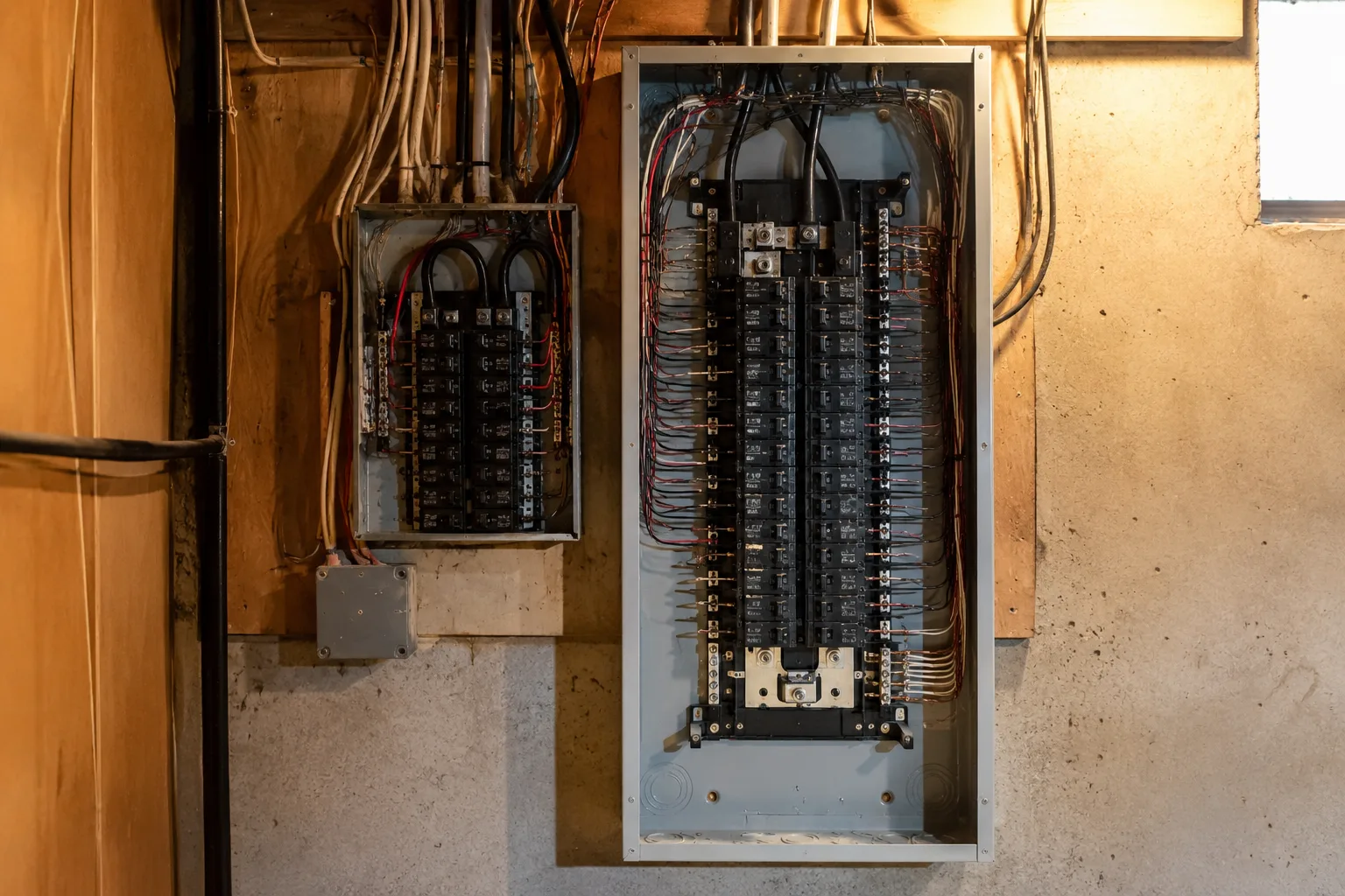 A 200 amp breaker panel beside the 100 amp panel it replaced, the comparison behind the cost to upgrade electrical panel to 200 amps