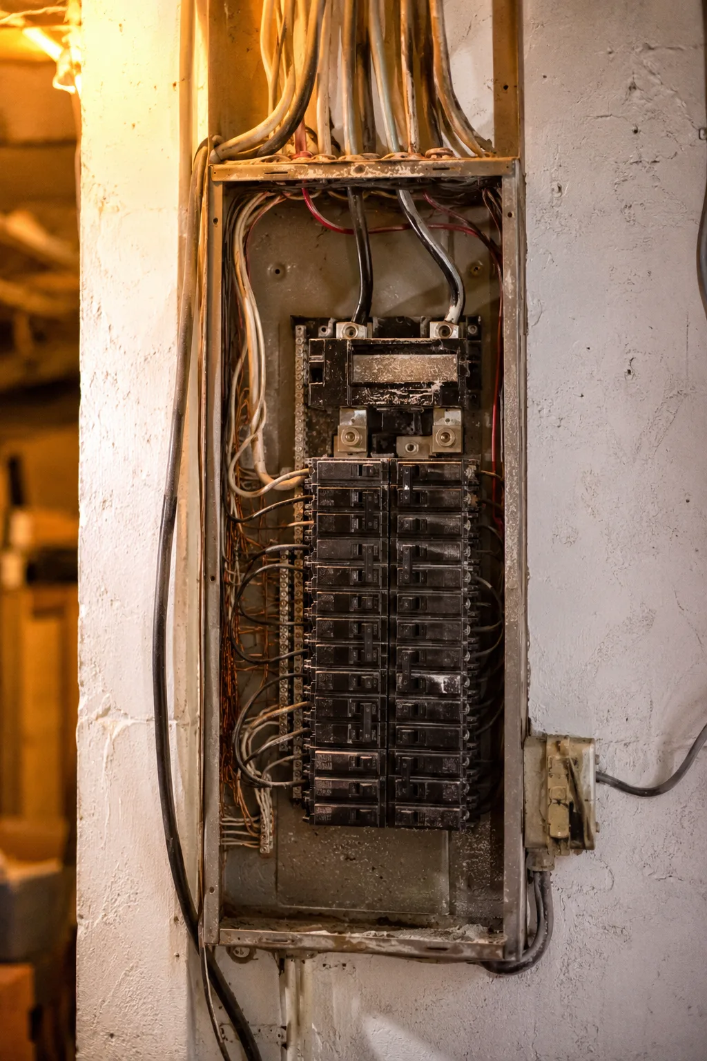 An older 100 amp breaker panel in a pre-2000 Fraser Valley home, cover off, showing a full row of breakers and no spare slots