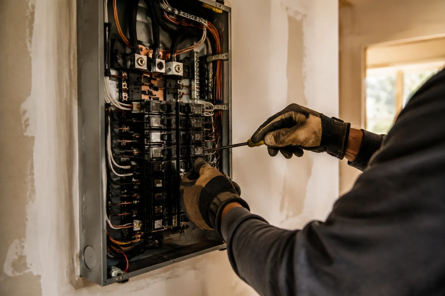 Electrician tightening a breaker inside an open residential electrical panel