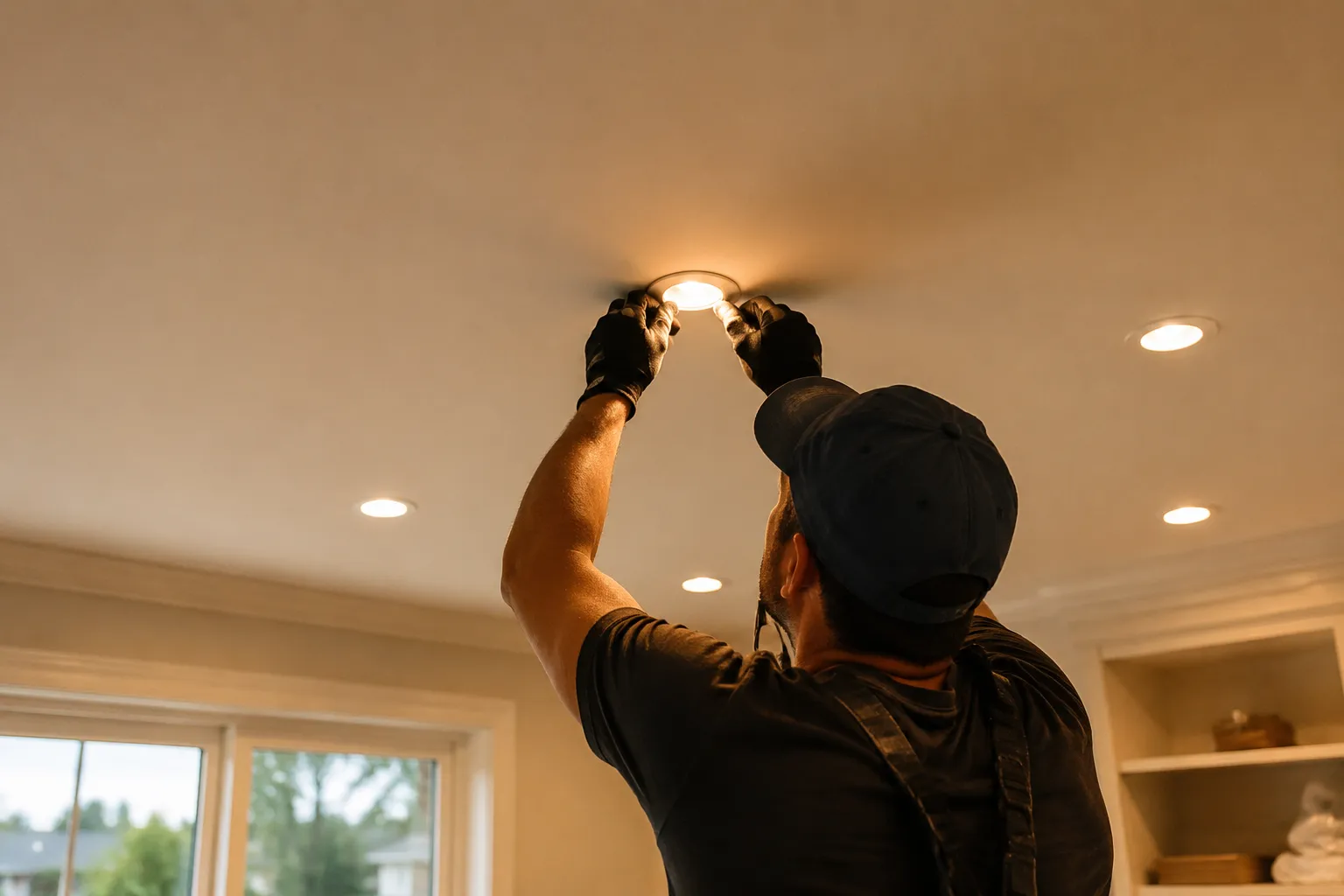 Recessed pot lights glowing in a finished living room ceiling in the evening