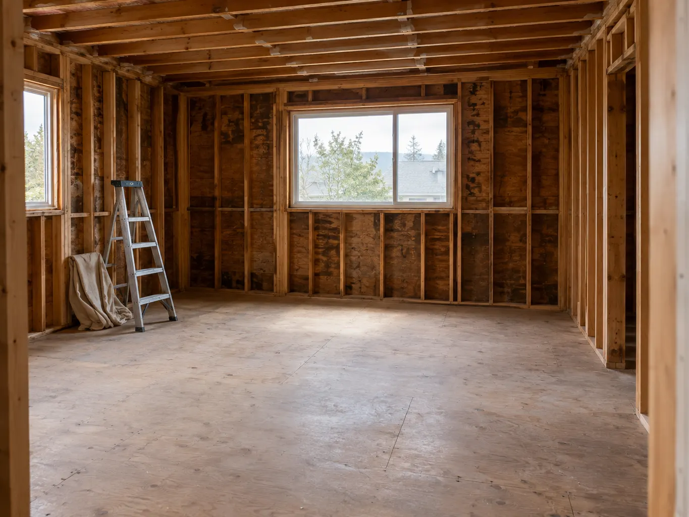 Open wall framing in a kitchen renovation before the electrical rough-in