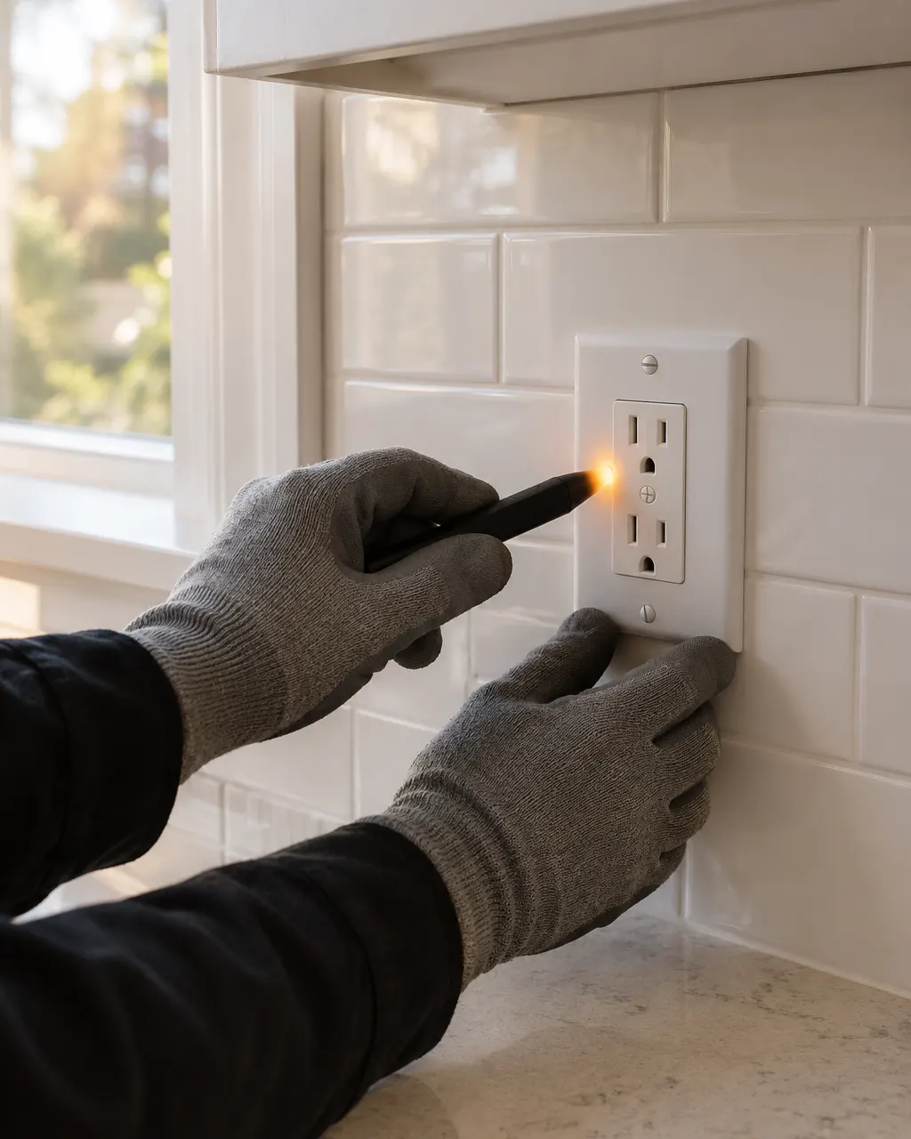 Electrician testing a finished kitchen circuit after a renovation