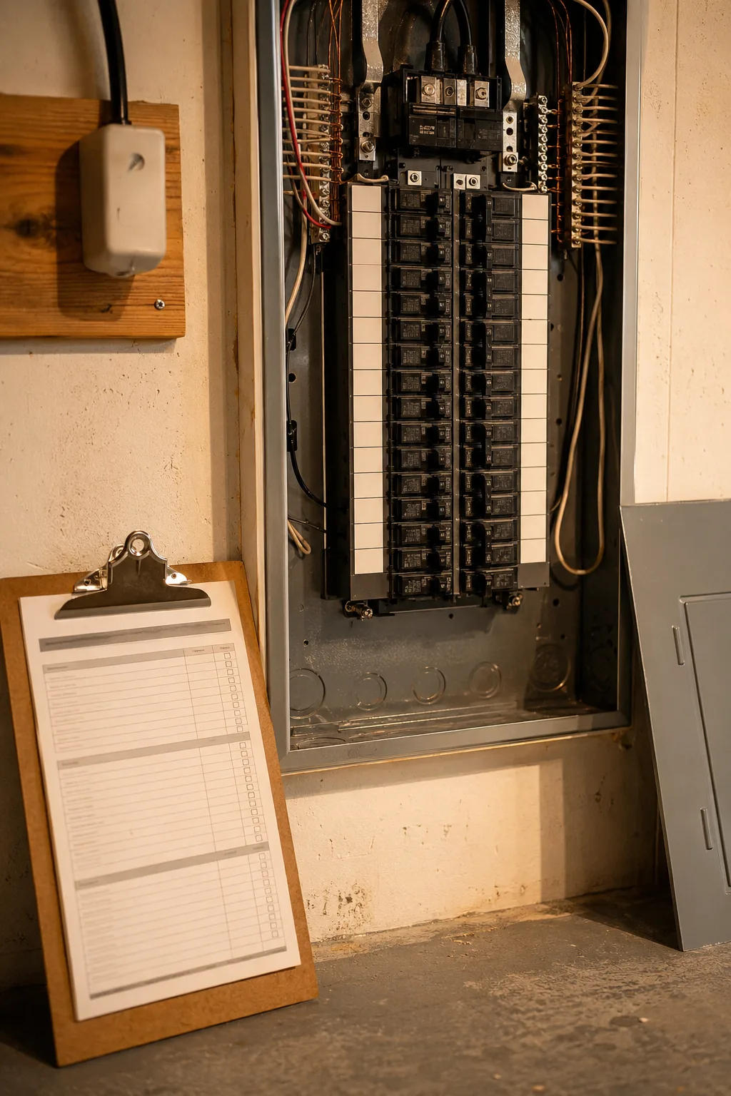 A printed job checklist on a clipboard propped beside an opened residential electrical panel, the deadfront cover removed and the breakers exposed