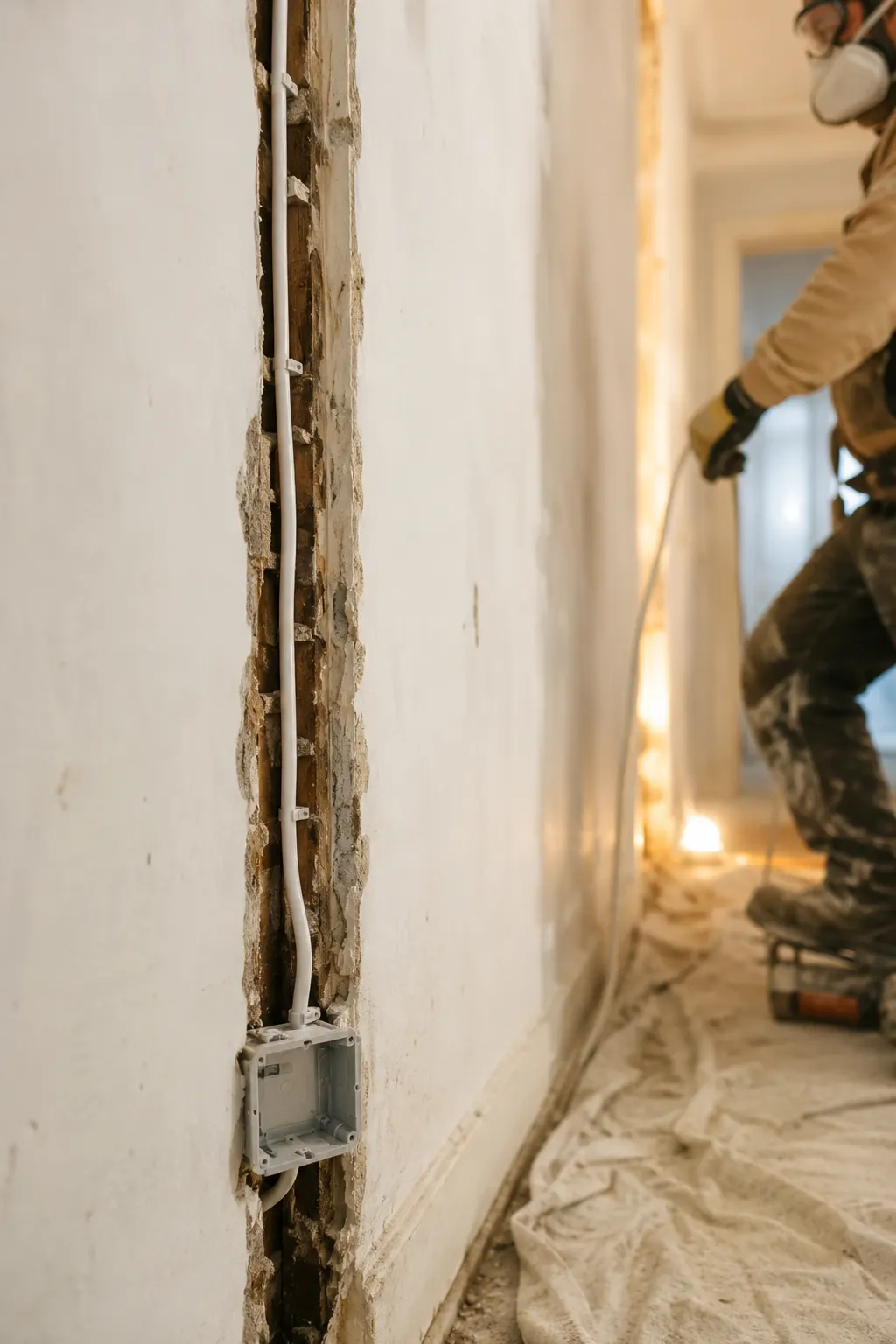 A channel cut down an old plaster wall with new white sheathed cable stapled into it along the exposed stud and a newly roughed-in device box at its foot, dust sheets over the floor