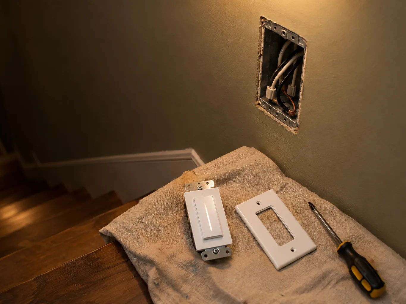 Smart light switch beside an open wall switch box before it is installed