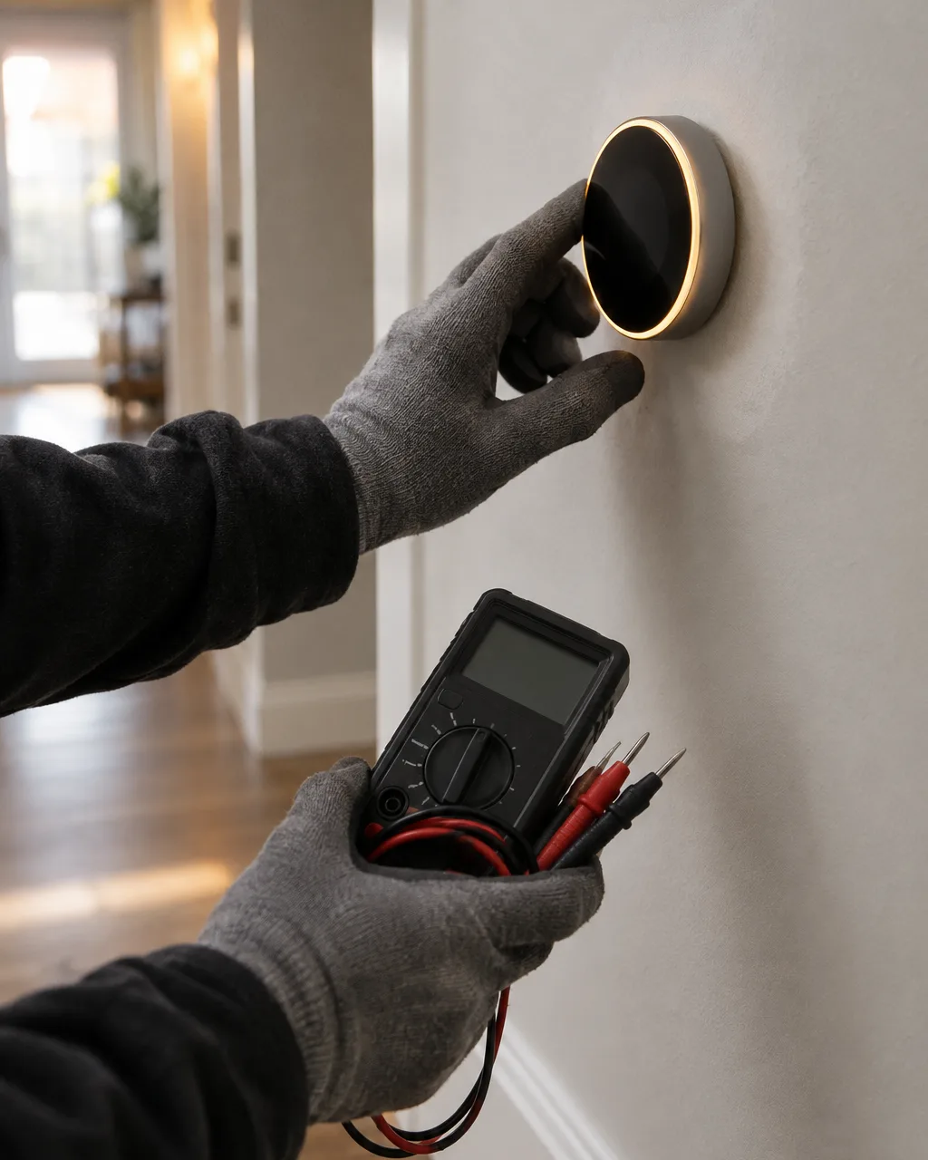 Electrician testing a newly installed smart thermostat on a hallway wall