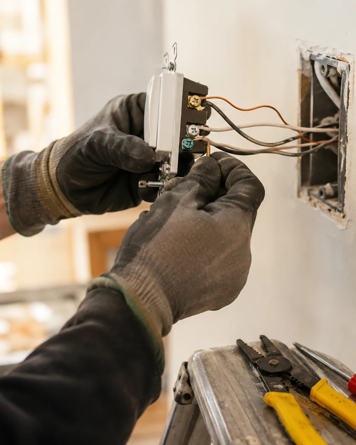 Hands terminating the wires of a new light switch into a wall device box during an electrical repair